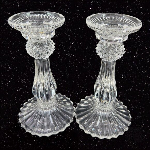 1980s Clear Crystal Diamond Point Candle Stick Holder Set 2 Candle Holder VTG - Picture 11 of 15